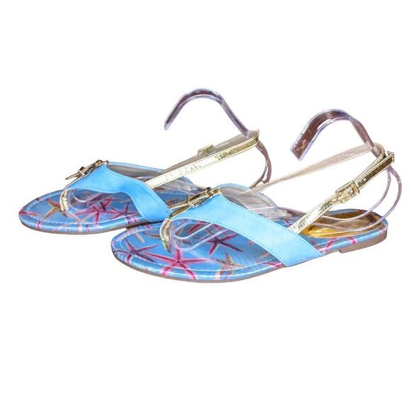 Liliana Thong Sandals Blue Gold Starfish Buckle Sling Back Strap 8 - Picture 1 of 7
